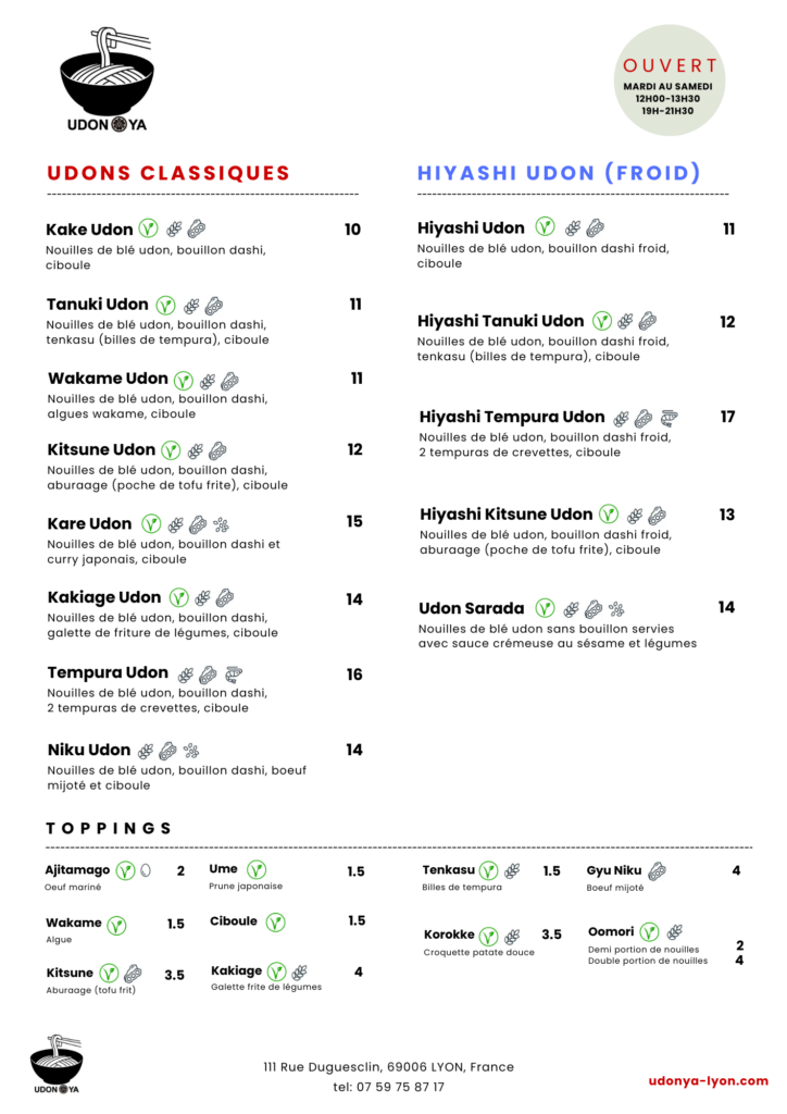 Menu des plats principaux de nouilles du restaurant traditionnel japonais Udon Ya Lyon