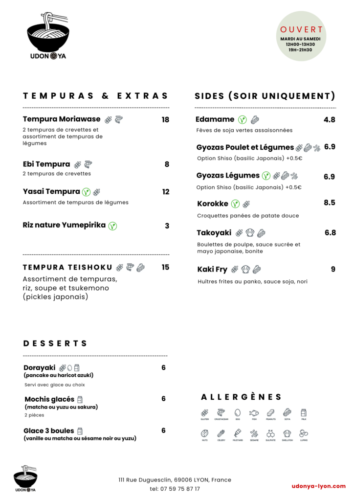 Menu des accompagnements et tempura du restaurant traditionnel japonais Udon Ya Lyon